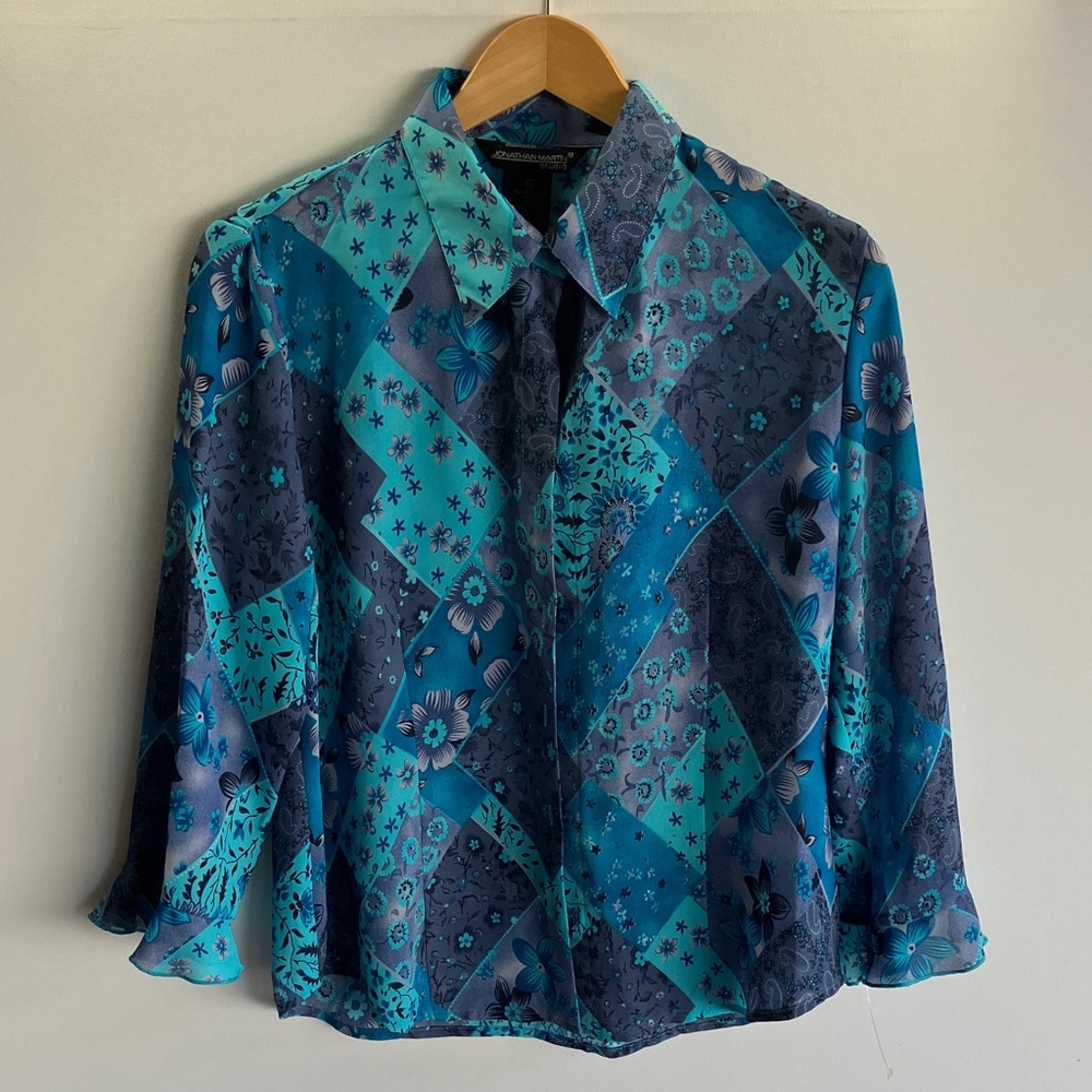 Jonathan Martin Teal and Navy Patchwork Shirt